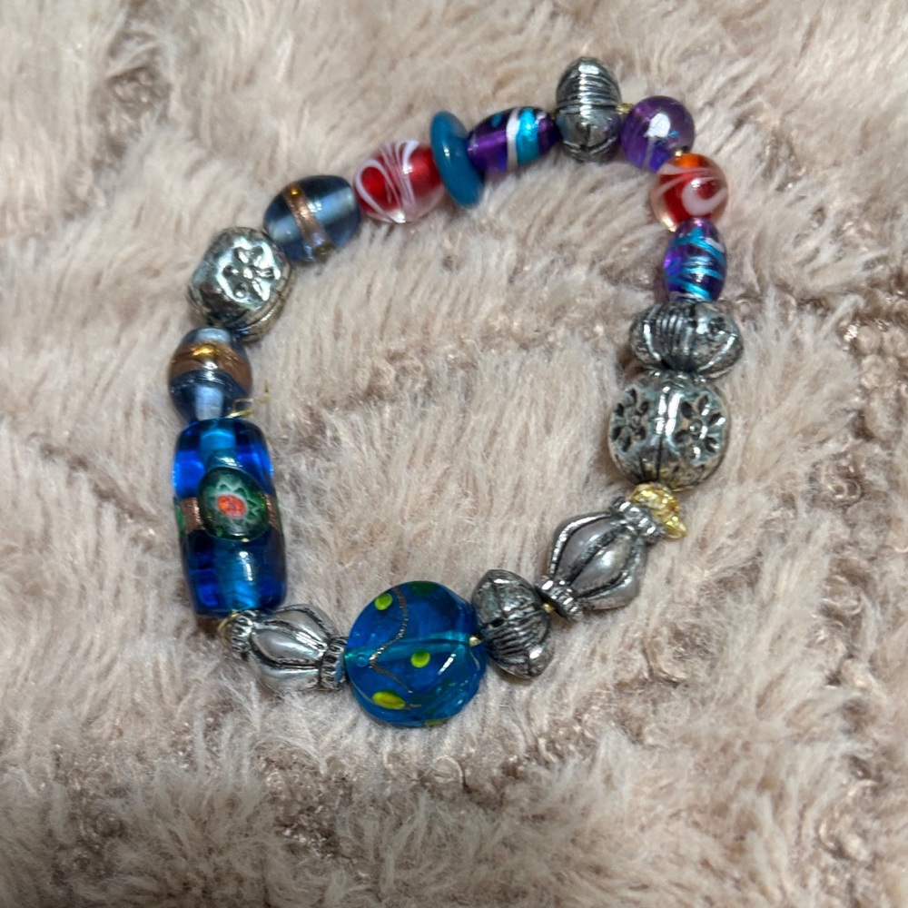 Blue Glass Bead Charm Bracelet (handmade) - Picture 3 of 4